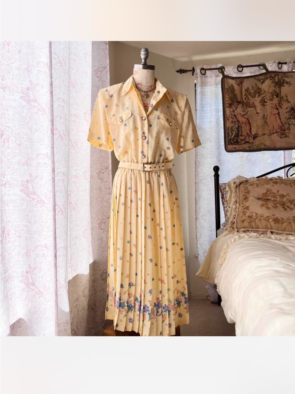Vintage-Inspired Yellow Floral Pleated Shirtwaist Dress
